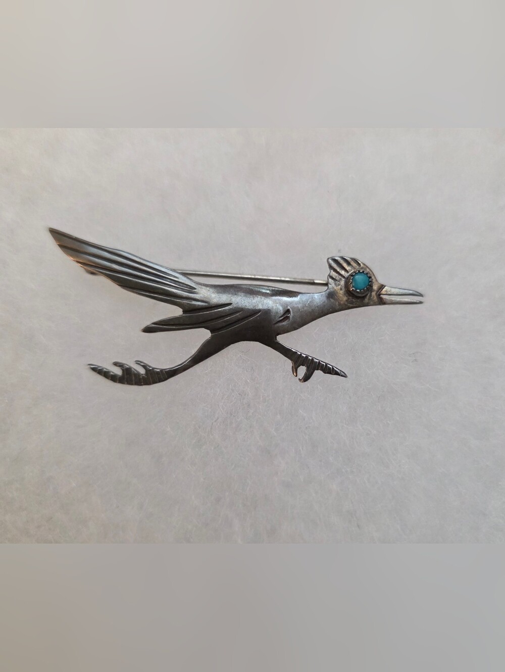 Vintage Silver Road Runner Bird Brooch with Turquoise Eye
